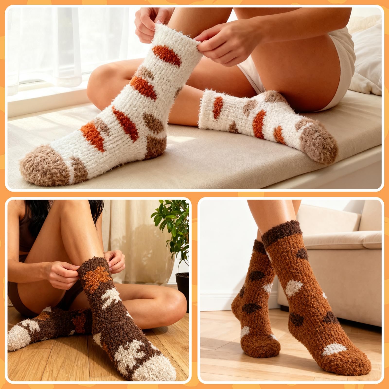 Пушистые носки 6 пар, Коричневые узоры, Теплые домашние носки для сна для осени и зимы, 36-42, фото №4