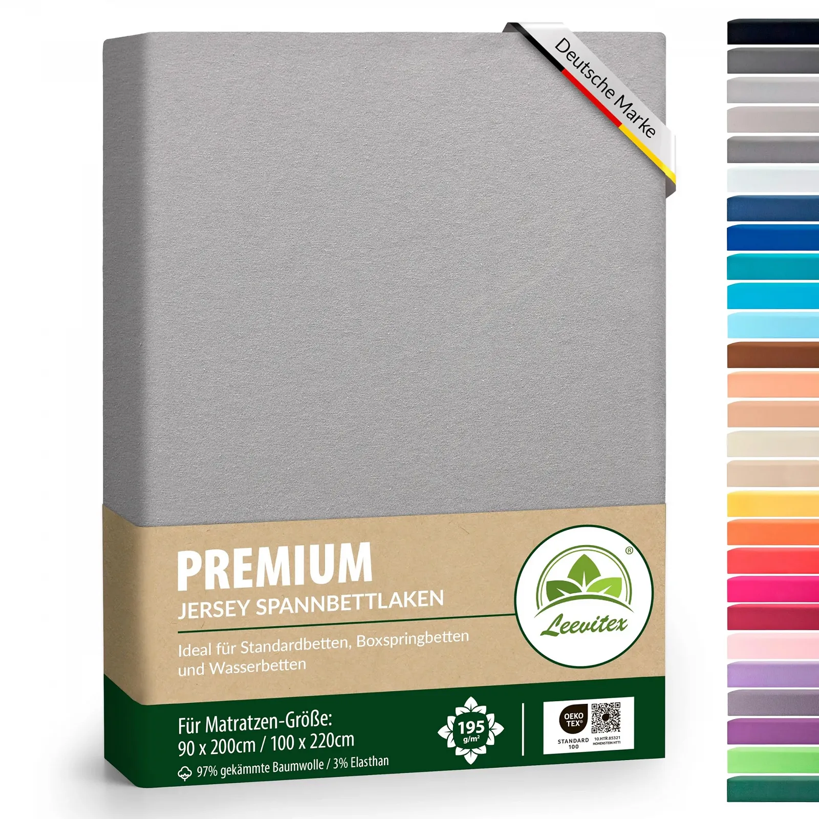 Простыня на резинке Premium, очень плотная, 97% хлопок Mako Jersey и 3% эластан, также подходит для кровати с пружинным блоком, 90 x 200-100 x 220 см, серая, фото №1