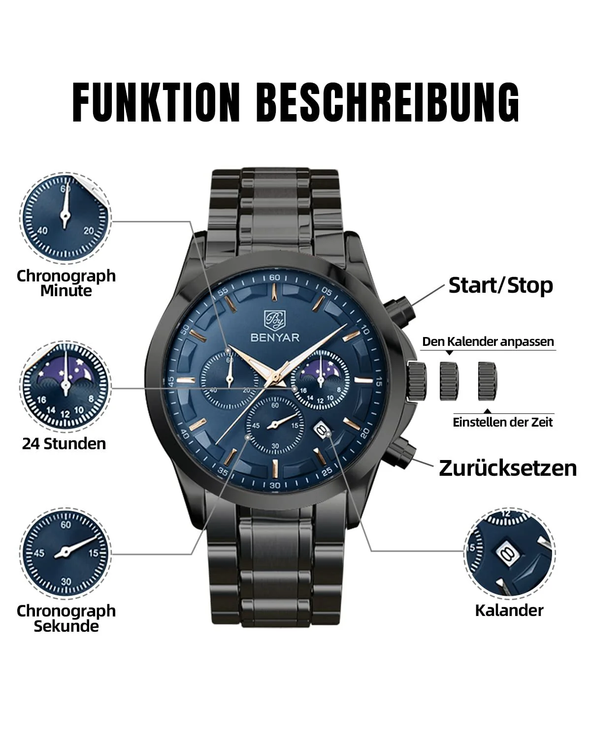 Чоловічий годинник Benyar Chronograph Gold / Silver / Blue / Black, фото №3