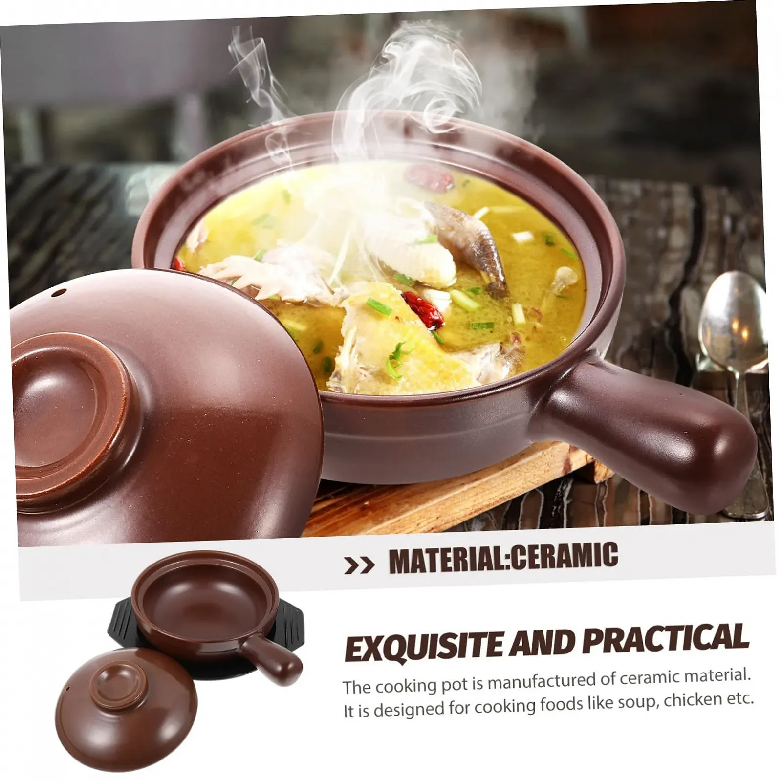 Кастрюля-сотейник VALICLUD керамическая маленькая термостойкая с ручкой и подставкой, фото №4