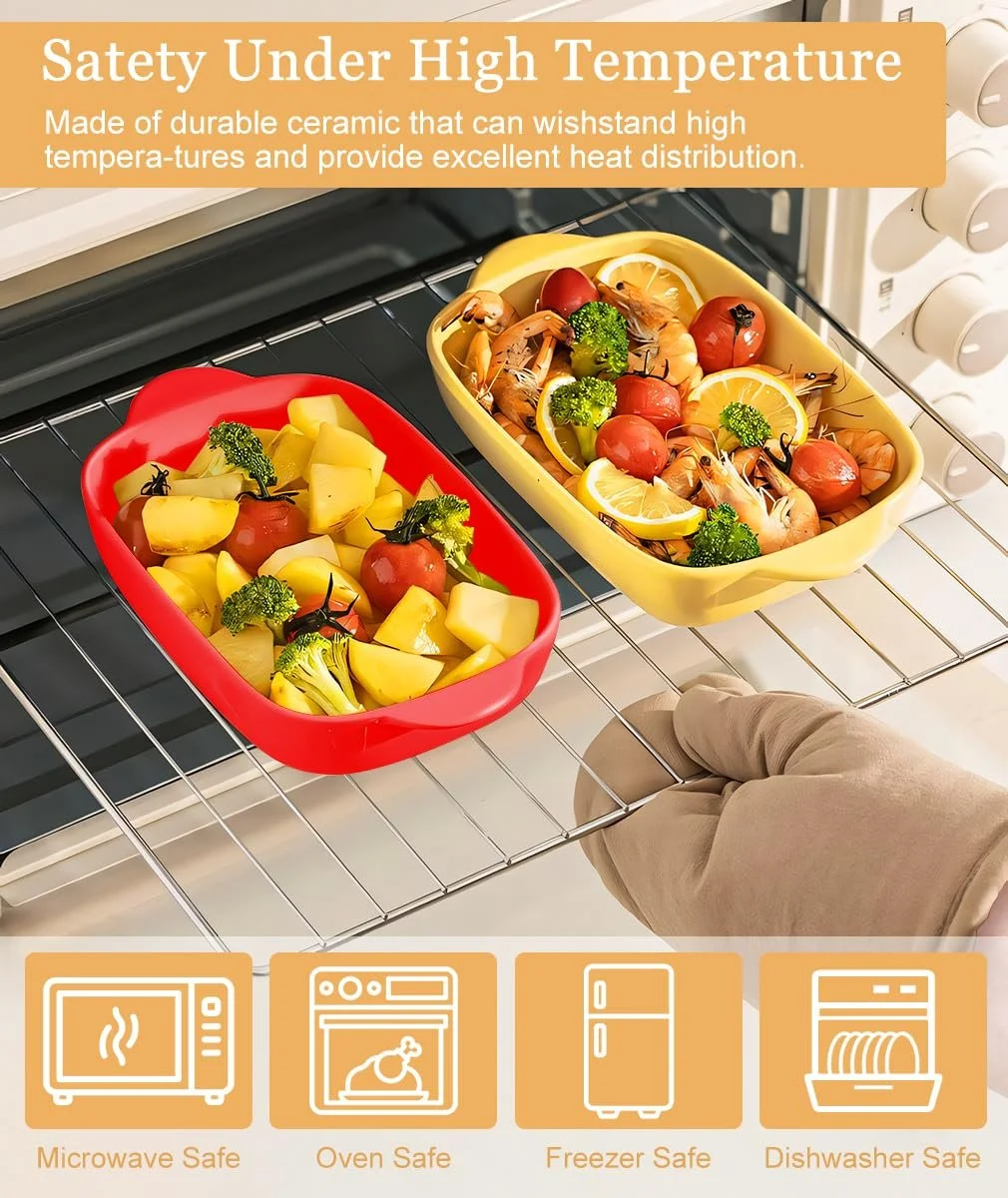 Набір форм для запікання 2 шт прямокутні керамічні з ручками 23х14 см жовта та червона, фото №2