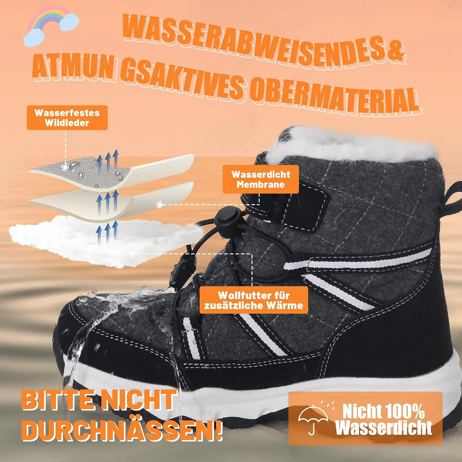 Черевики Visionreast зимові, дитячі, для дівчат і хлопчиків, для походів, з вовняною підкладкою, снігові, бавовняні, нековзкі, для вулиці, фото №3