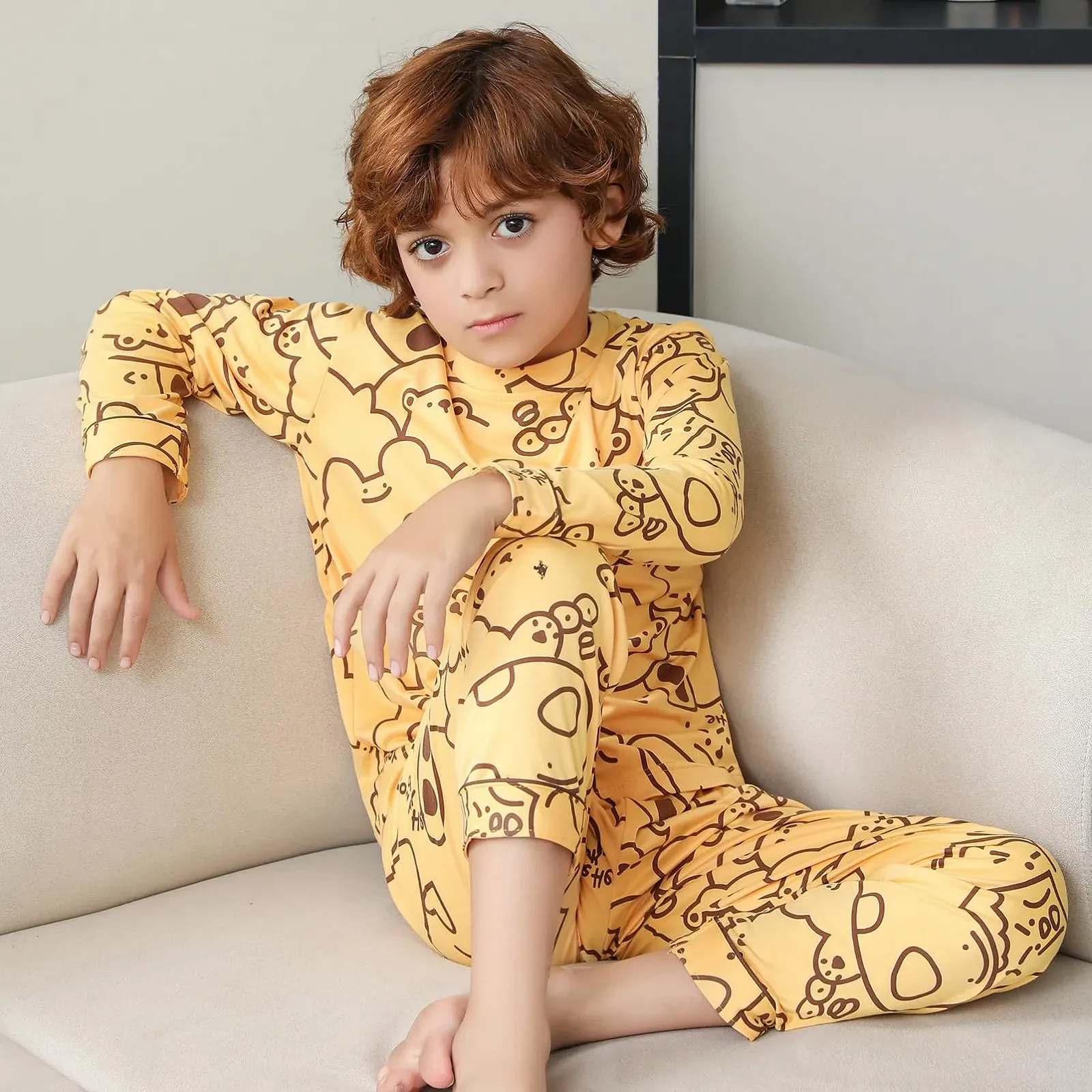 Комплект піжами для хлопчиків RuanMM Текстура бавовни, довгі, з круглим вирізом, фото №5