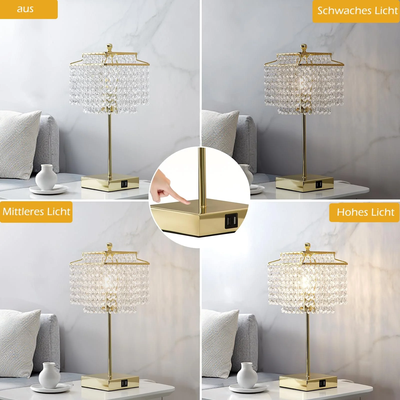 Настільна лампа GyroVu Crystal приліжкова сенсорна з функцією зарядки USB A+C та розетками Золотиста, фото №3