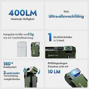 Міні ліхтарик-брелок WUBEN G5 LED 400 люмен з RGB підсвічуванням, 6 режимів EDC, акумуляторний, IP68 водонепроникний, зелений synthetic.ua - Фото 1