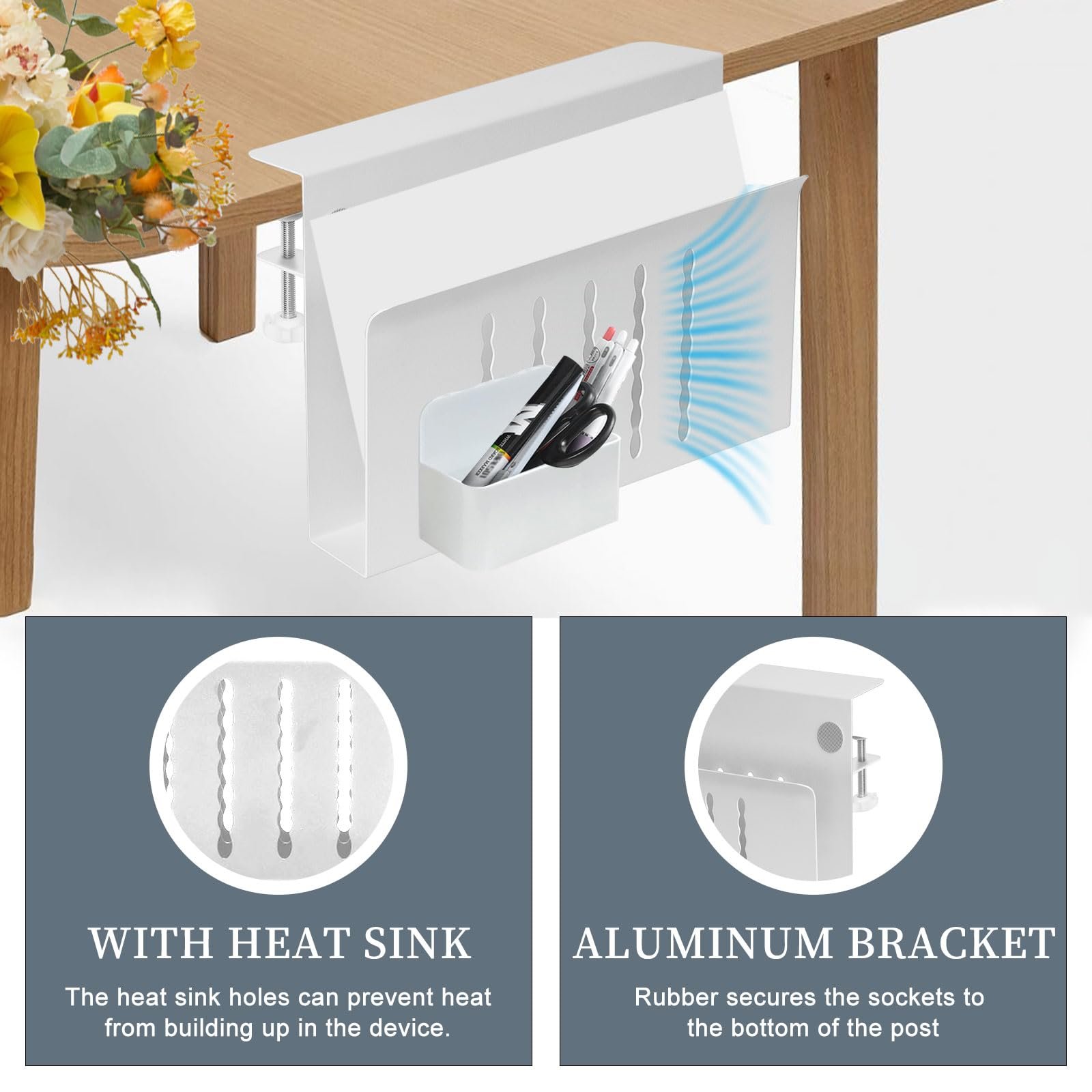 Настольный органайзер для стола Держатель ПК Подвесной стальной органайзер для стола Без сверления Кабельный канал Держатель кабеля с держателем для ручек для офиса дома (одинарный слой белый), фото №3