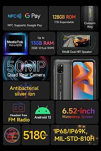 Защищенный смартфон Ulefone Armor 12S Helio G99 8/128 GB 6.52" Android 12 IP68 IP69K 50 MP NFC synthetic.ua - Фото 1