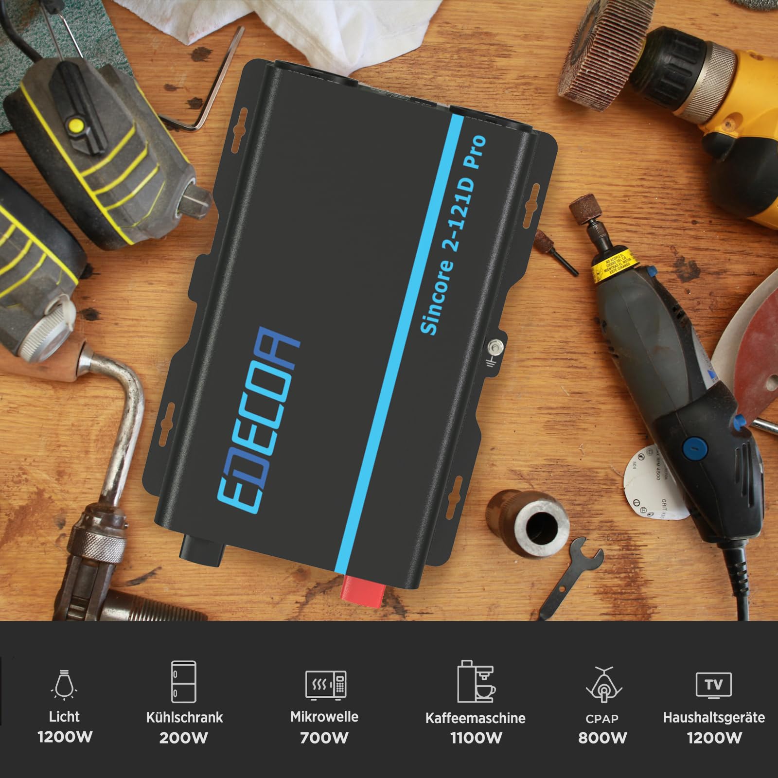 Інвертор EDECOA Перетворювач напруги Чистої Синусоїди 12 В 230 В LCD 2X USB та дистанційне керування 1200 Вт, короткочасний пік 3000 Вт, фото №6