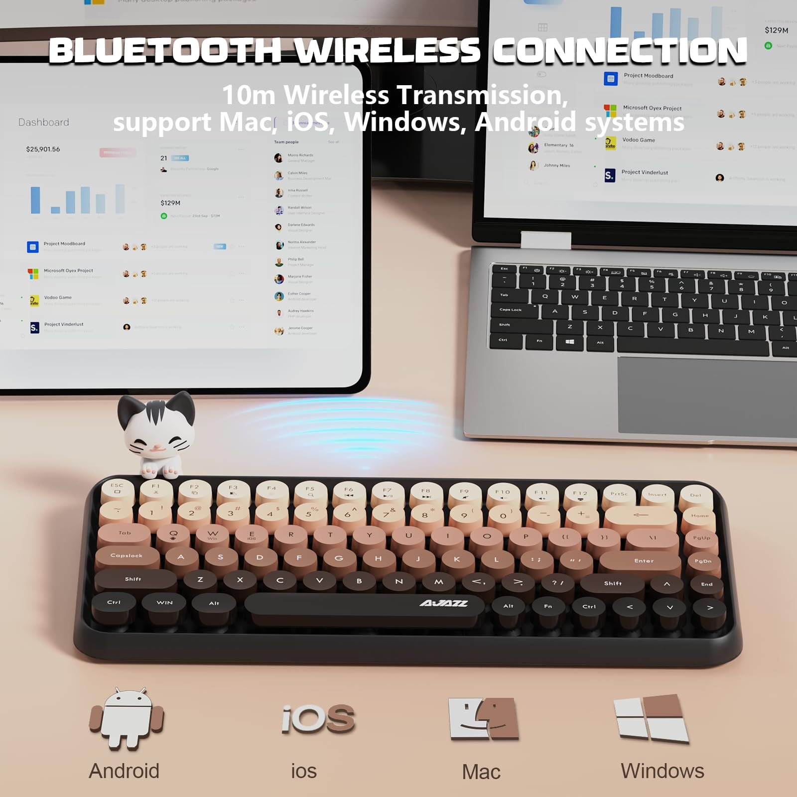 Клавіатура 308i Wireless Bluetooth Mini Compact 84 Keys Typewriter Round Retro Keycaps Matte Panel Ergonomic Magnetic Cat Doll Brown, фото №3 Клавіатура 308i Wireless Bluetooth Mini Compact 84 Keys Typewriter Round Retro Keycaps Matte Panel Ergonomic Magnetic Cat Doll Brown, фото №3