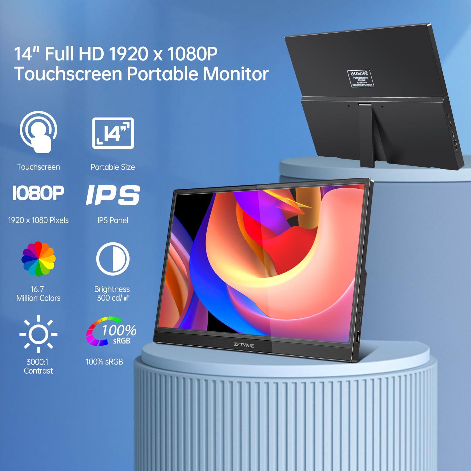 Монітор ZFTVNIE Touchscreen Portable 14 дюймів FHD 1920 x 1080P IPS HDR Display Touchscreen HDMI USB Type-C, фото №2