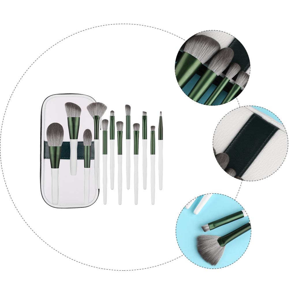 Набір 12 зелених скляних пензлів для макіяжу з чорним PU-шкіряним футляром, фото №2