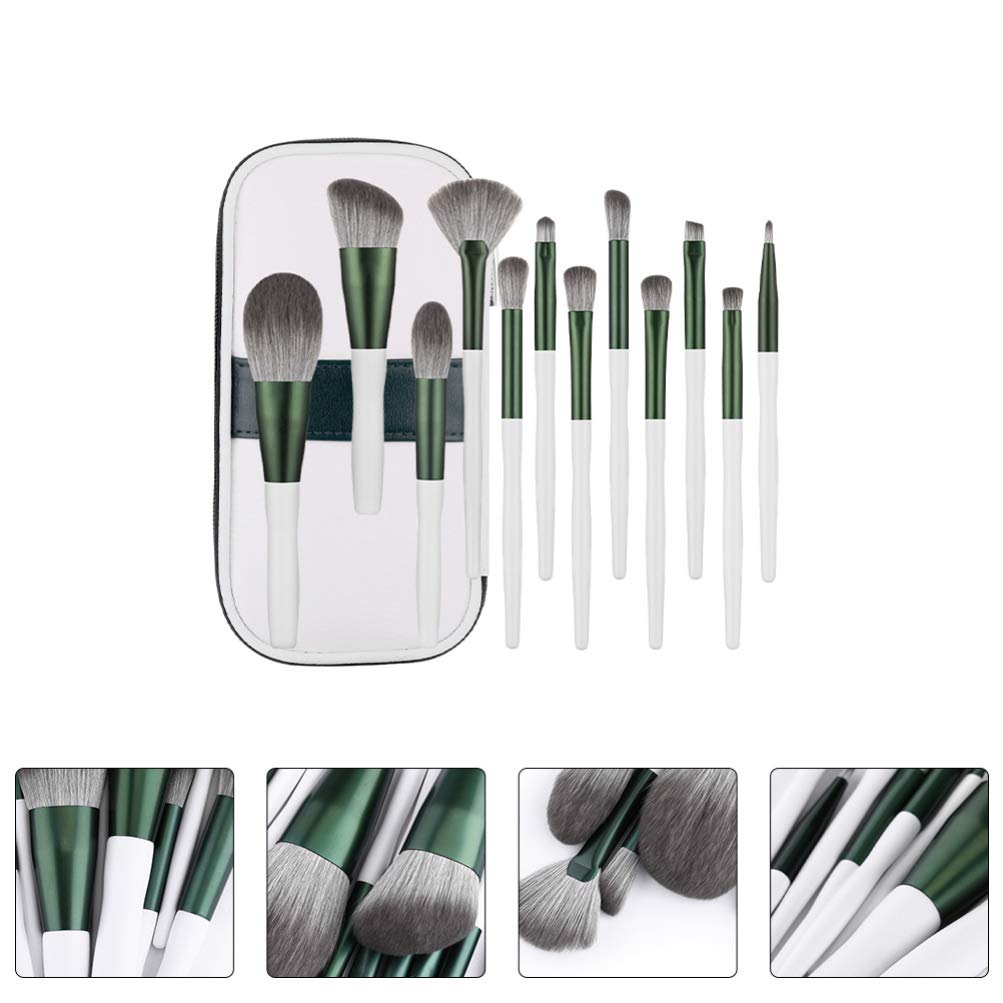Набір 12 зелених скляних пензлів для макіяжу з чорним PU-шкіряним футляром, фото №6