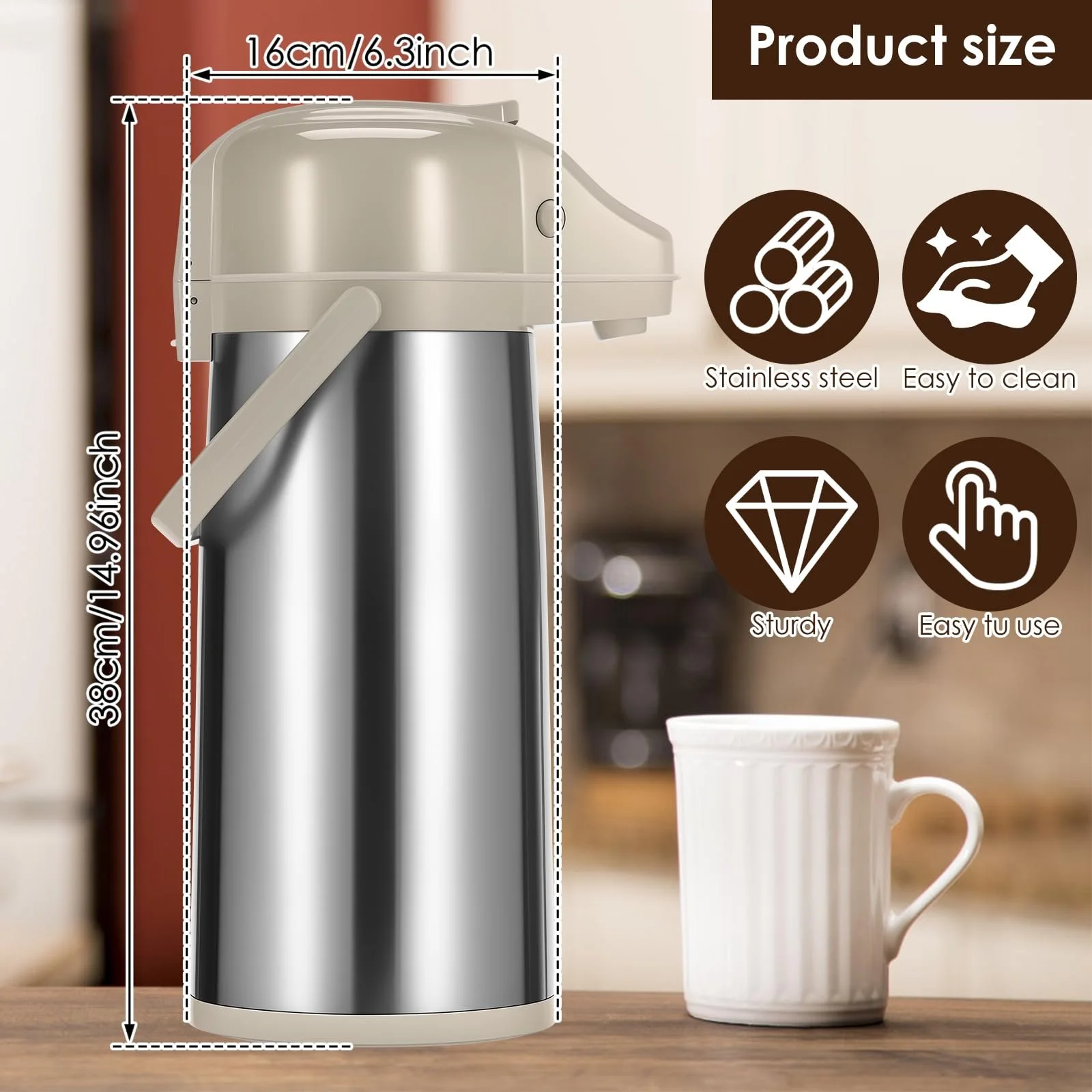 Помповий Термос-кавник 2.0 л, Термос-колба, з помповим механізмом, з нержавіючої сталі, фото №2 Помповий Термос-кавник 2.0 л, Термос-колба, з помповим механізмом, з нержавіючої сталі, фото №2