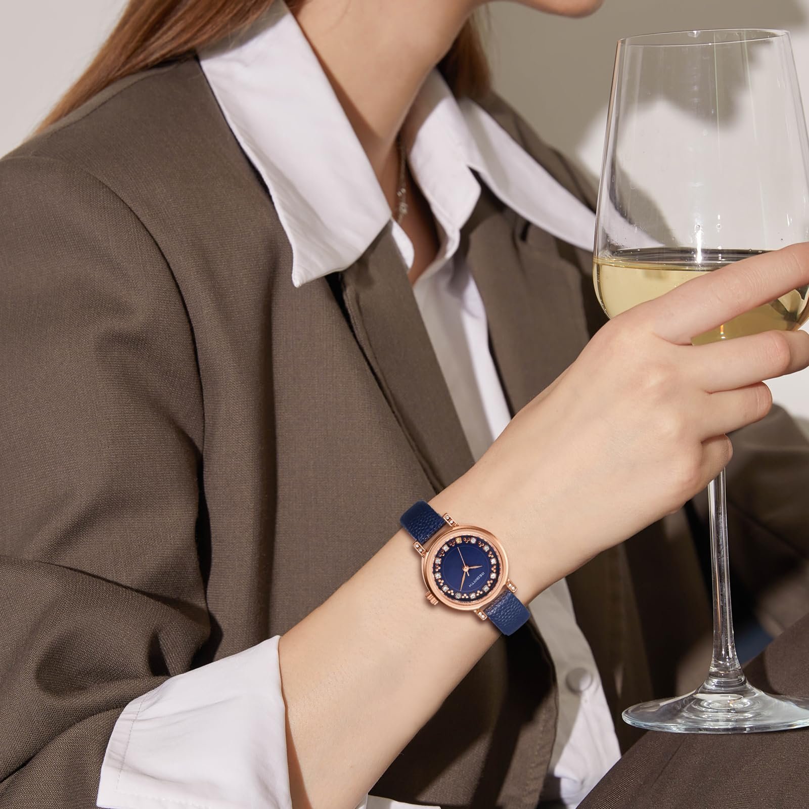 Женские часы JewelryWe Маленькие часы из натуральной кожи 30 м Водонепроницаемые Аналоговые Кварцевые наручные часы с тонким ремешком из натуральной кожи Ультратонкие часы с бриллиантовой шкалой и круглым корпусом, фото №5
