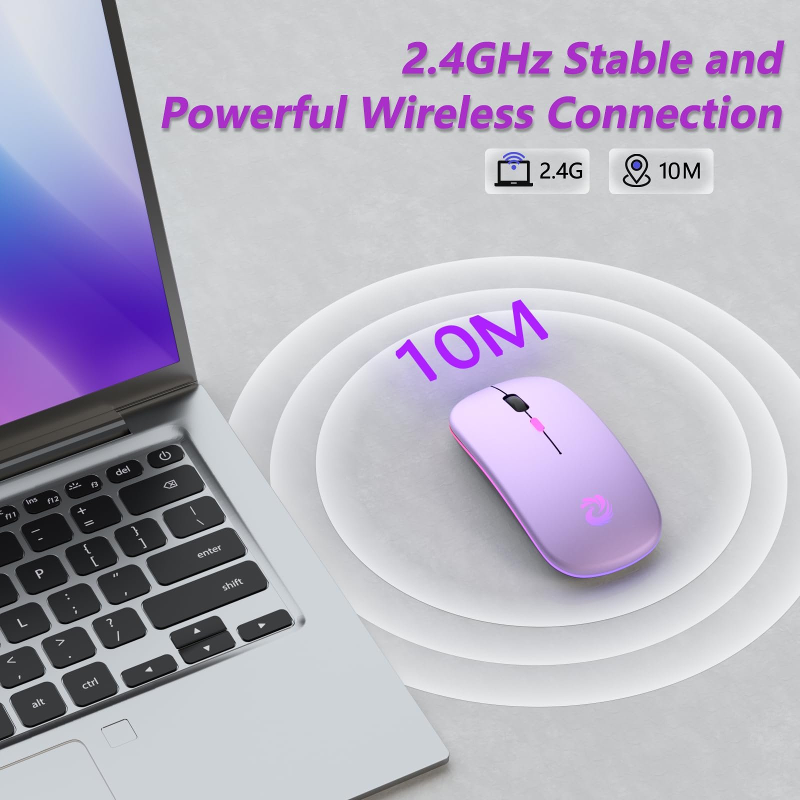 Мышь Беспроводная BQSS 2.4 GHz 1600 DPI Оптическое отслеживание Тихие щелчки Перезаряжаемая LED Светло-фиолетовый, фото №7