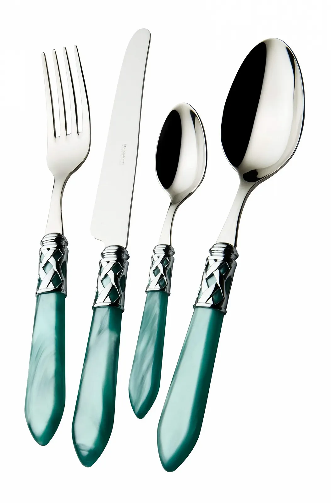 Набір столових приборів Bugatti Aladdin 24 предмети Сталь/ABS Водяний зелений, фото №1 Набір столових приборів Bugatti Aladdin 24 предмети Сталь/ABS Водяний зелений, фото №1