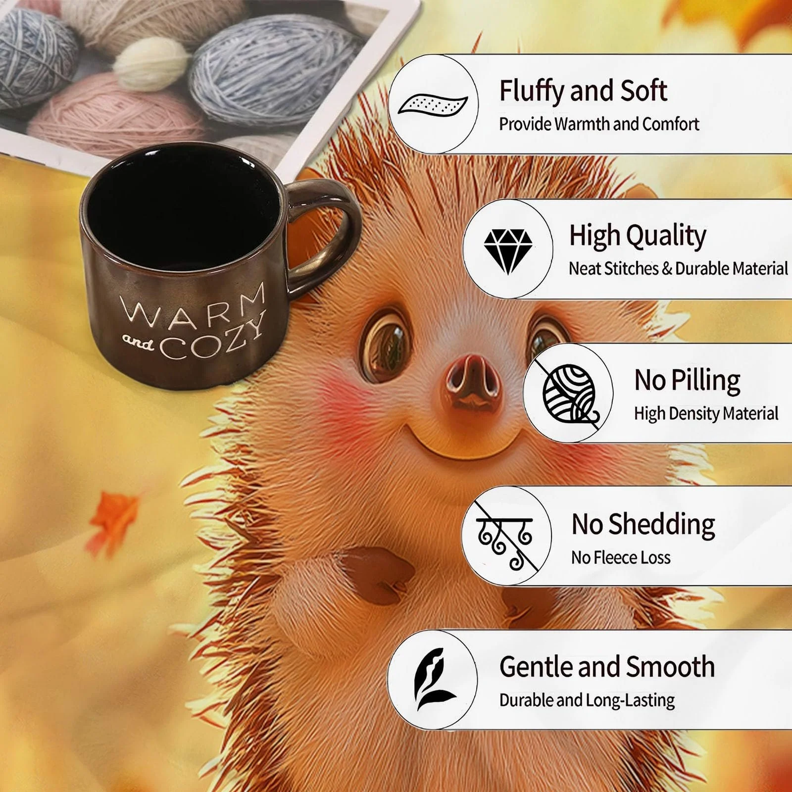 Одеяло Флисовое Мягкое Теплое с мультяшным ежиком 200 x 220 см Куркума, фото №3