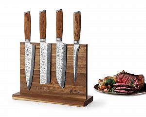 Набір кухонних ножів Дамаск Wakoli Chef's Choice I 5 од. з магнітним блоком, леза 15-20 см, сталь Дамаск, руків'я з дерева зебрано - Фото 1