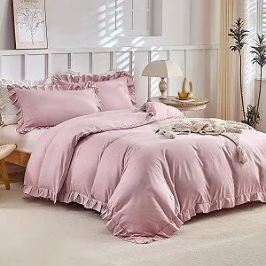 Постельное белье Lekesky 135 x 200 см Розовое с оборками, 2 предмета, Микрофибра, Цветы, на молнии, с наволочками 80 x 80 см synthetic.ua - Фото 1
