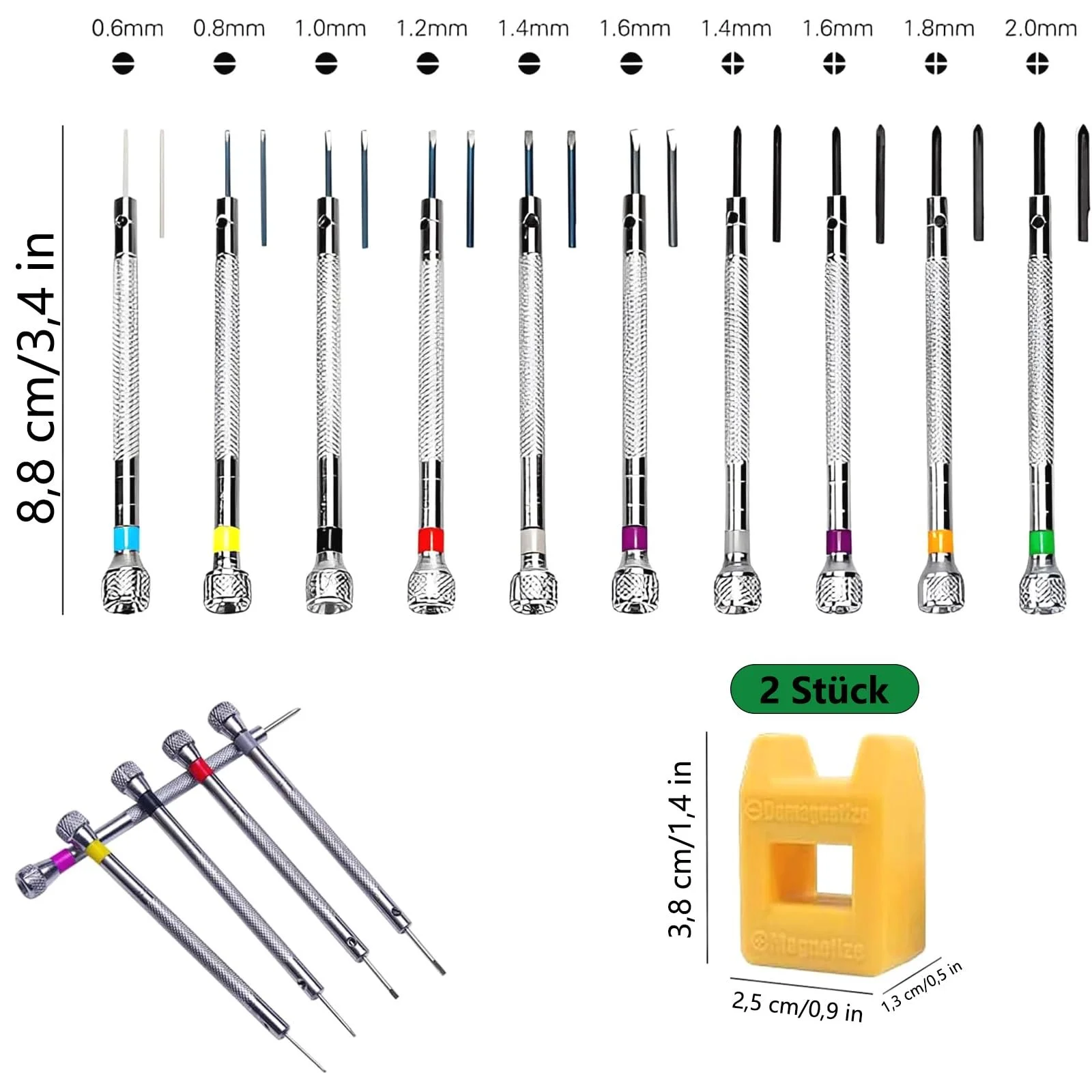 Набір прецизійних годинникових викруток 10 шт. 0,6–2,0 мм з розмагнічувачем, фото №3