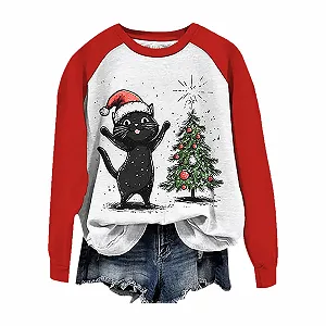 Женский Свитшот с Рождественским Принтом Cat - Фото 1