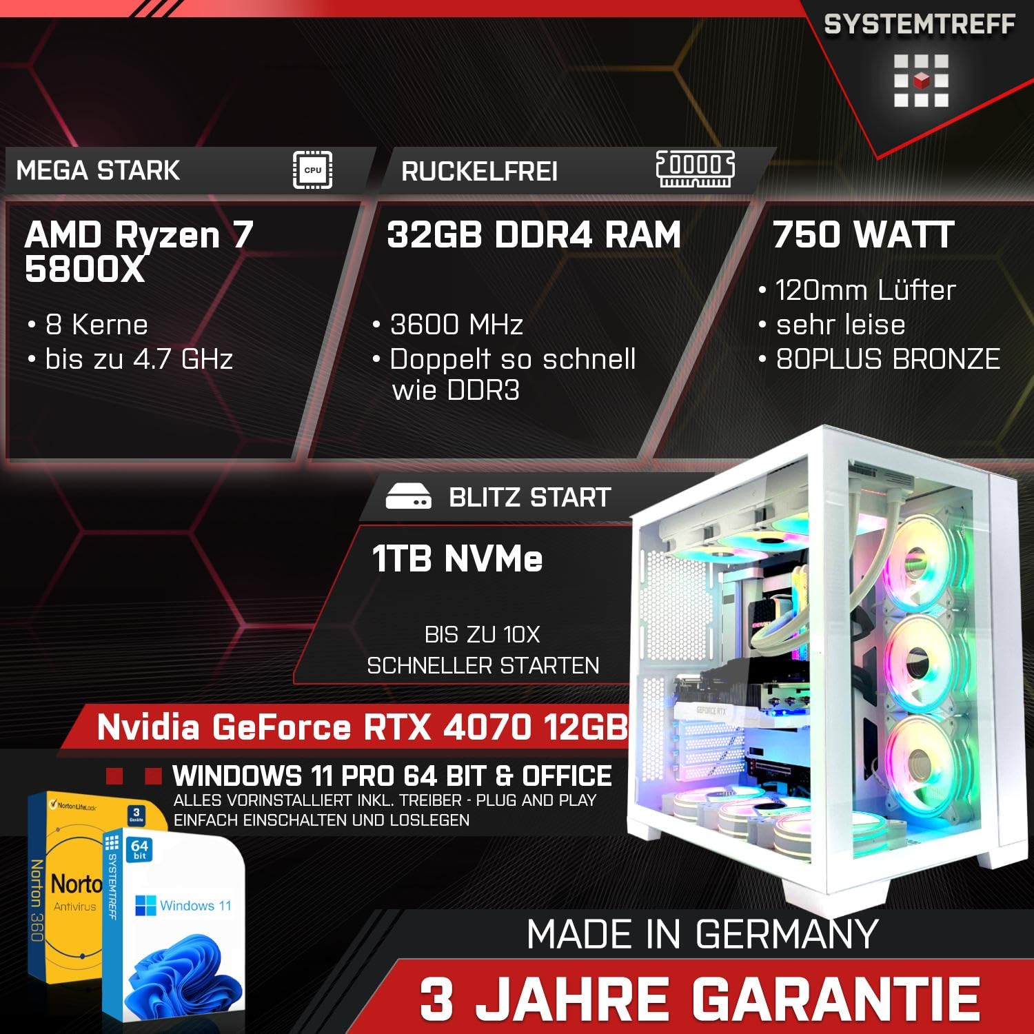 Компьютер SYSTEMTREFF High-End Gaming PC AMD Ryzen 7 5800X 8x4.7GHz Nvidia GeForce RTX 4070 12GB 1TB 32GB, фото №2