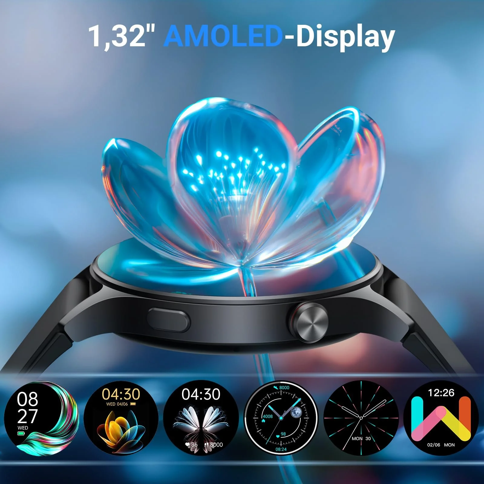 Смарт-часы Мужские Круглые с Функцией Телефона AMOLED-дисплей 1,32 дюйма, 3ATM, Женские Мужские для iOS/Android Шагомер с Монитором Сердечного Ритма / SpO2 / Сна, фото №7
