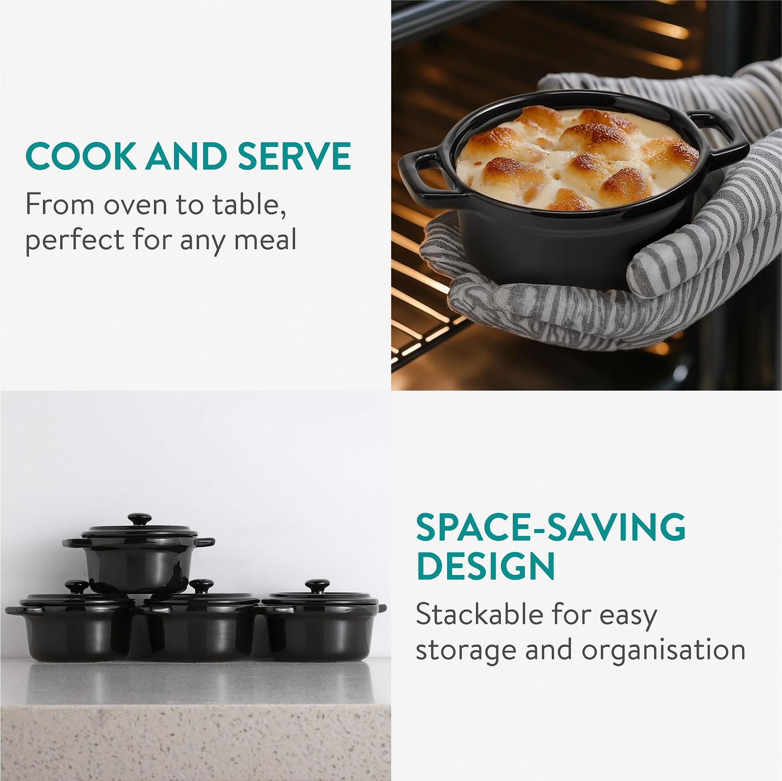 Форма для запекания Navaris Mini Cocotte Набор 4 шт. с крышками Черная Керамика, фото №3