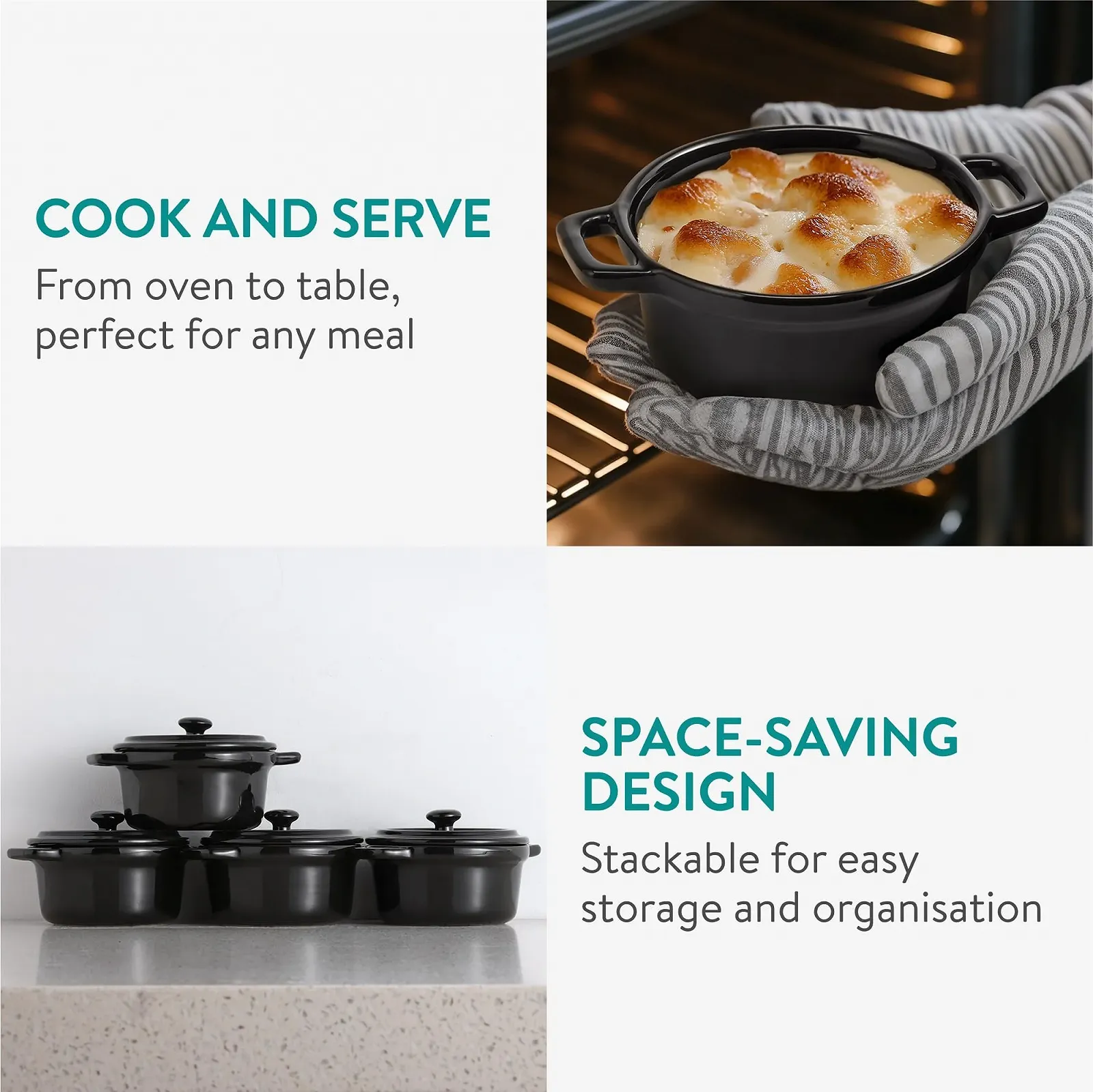 Форма для запекания Navaris Mini Cocotte Набор 4 шт. с крышками Черная Керамика, фото №3