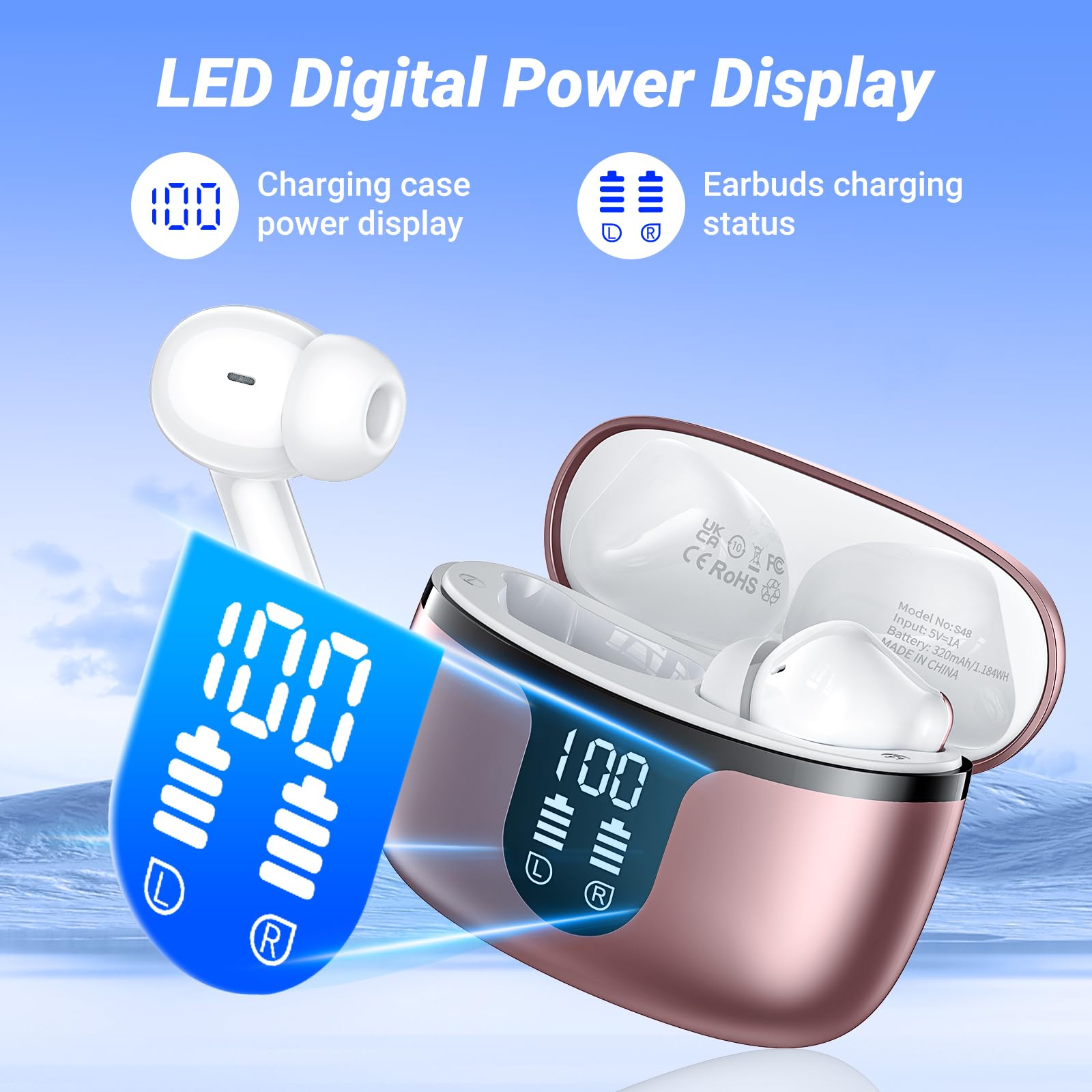 Наушники Bluetooth S48 Беспроводные 5.3 В Ухо 4HD Микрофоны 2024 ENC Шумоподавление 42 часа воспроизведения с LED Дисплеем HiFi Стерео IP7 Водонепроницаемые, фото №6