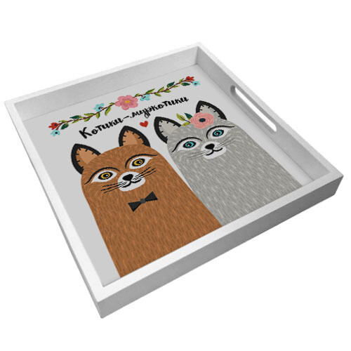 Подносы Presentville деревянный с принтом "Котики муркотики" 33х33х4 см  PDN_19N006_WH, фото №1