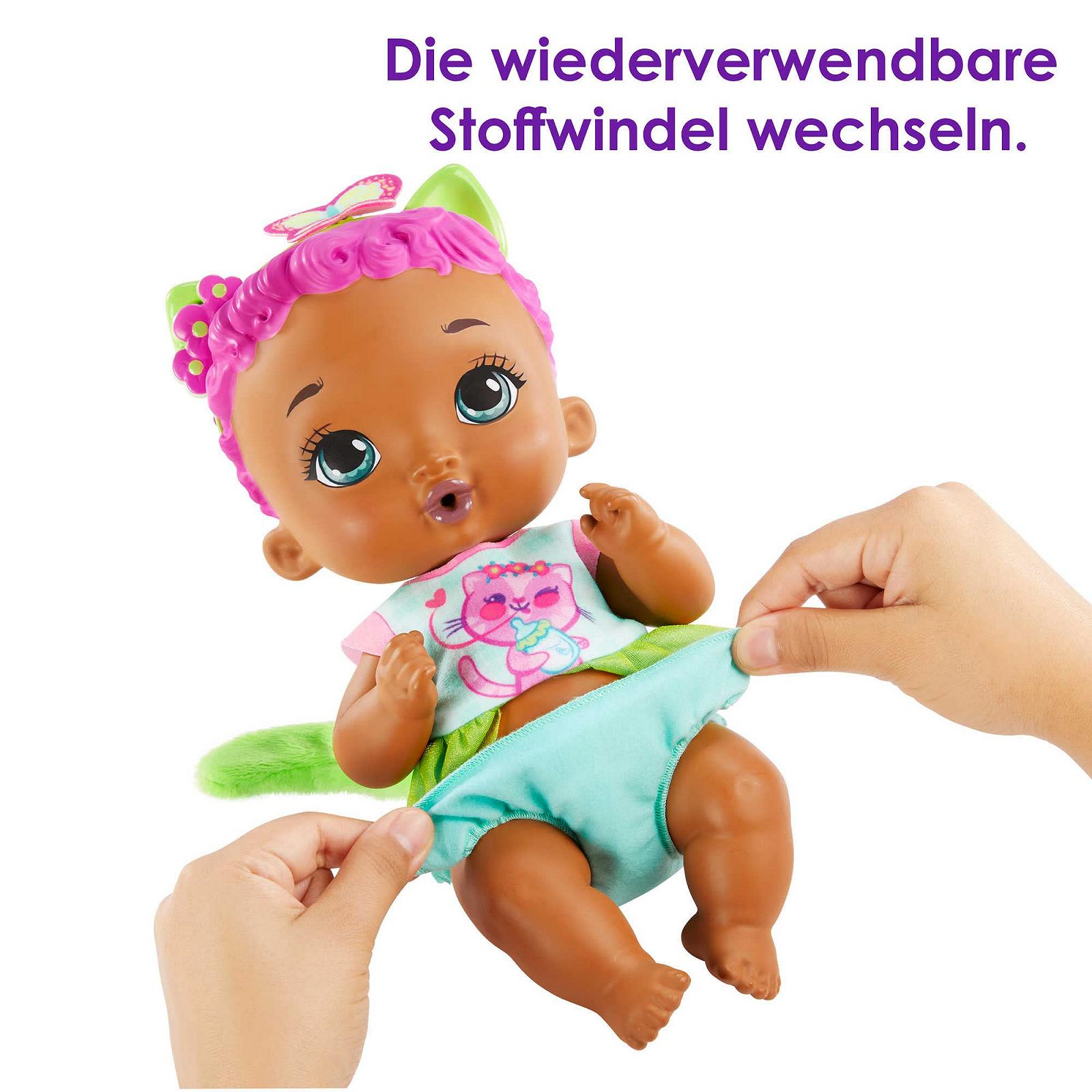 Лялька My Garden Baby - Кошеня 30 см (Рожеве волосся, Зелена спідниця, Жасминовий аромат, Слинявчик, Пляшечка, Тканевий підгузок, Дитяче високe сидіння), фото №3