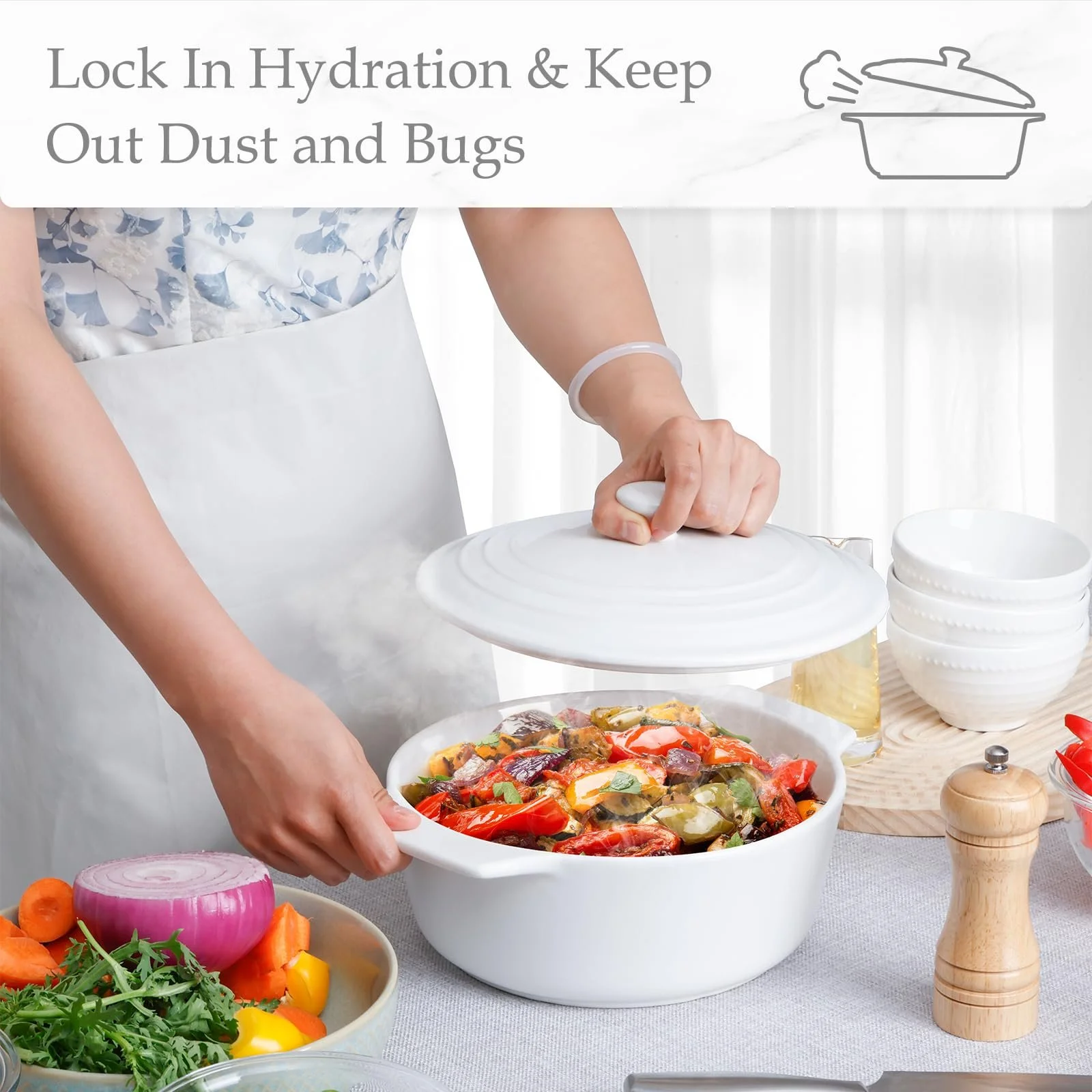 Гусятниця для запікання NUTRIUPS кругла керамічна з кришкою 23 см біла, фото №4