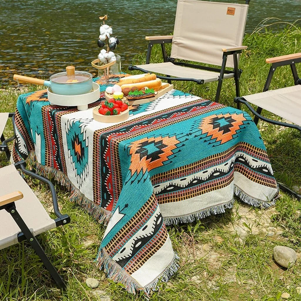 Бохо Одеяло Czyminrout с кисточками, Ацтекский этнический стиль, двустороннее, для дома, офиса, путешествий, кемпинга 180 x 260 см, лесной зеленый, фото №4