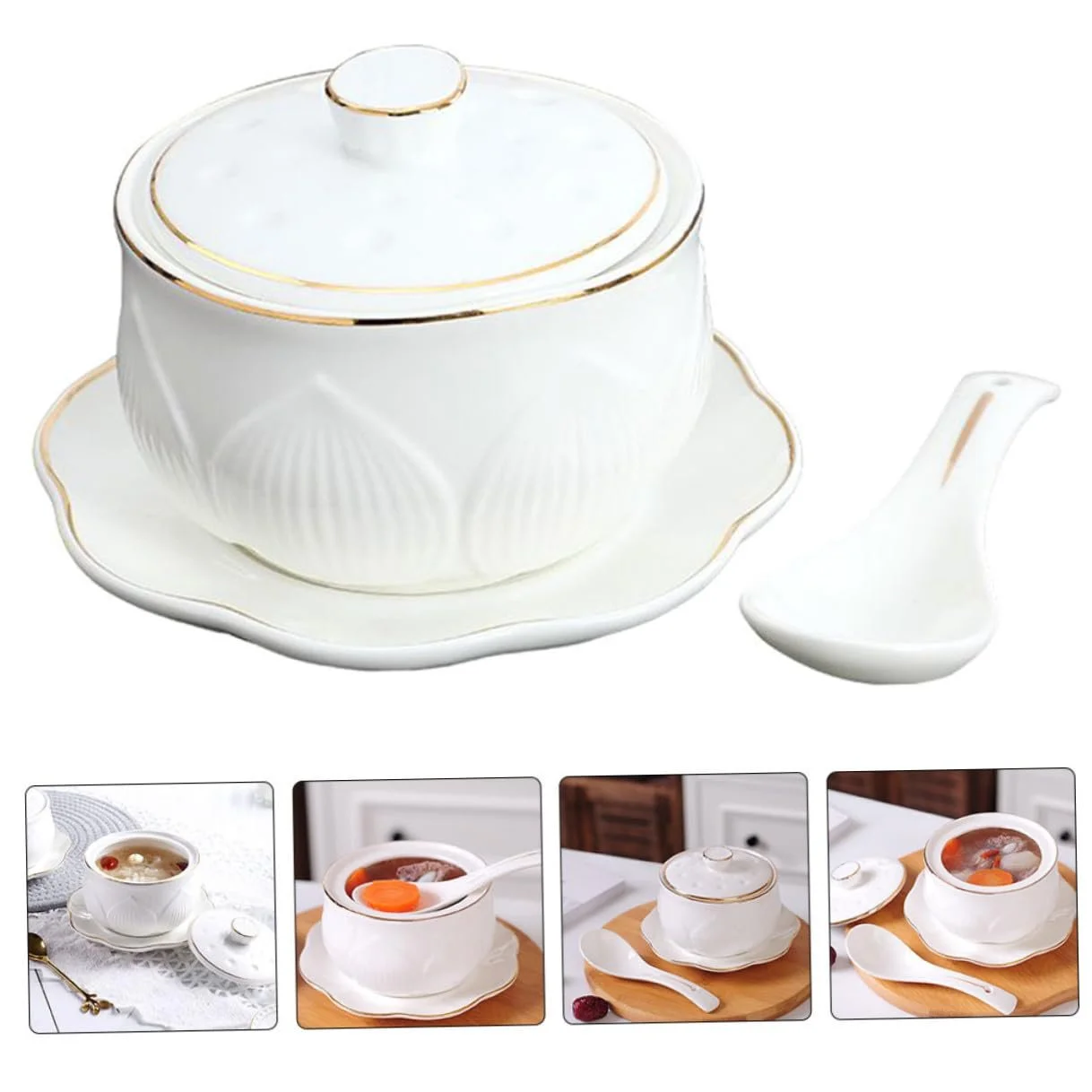 Керамічна каструля для тушкування маленька з кришкою та ложкою біла, фото №5