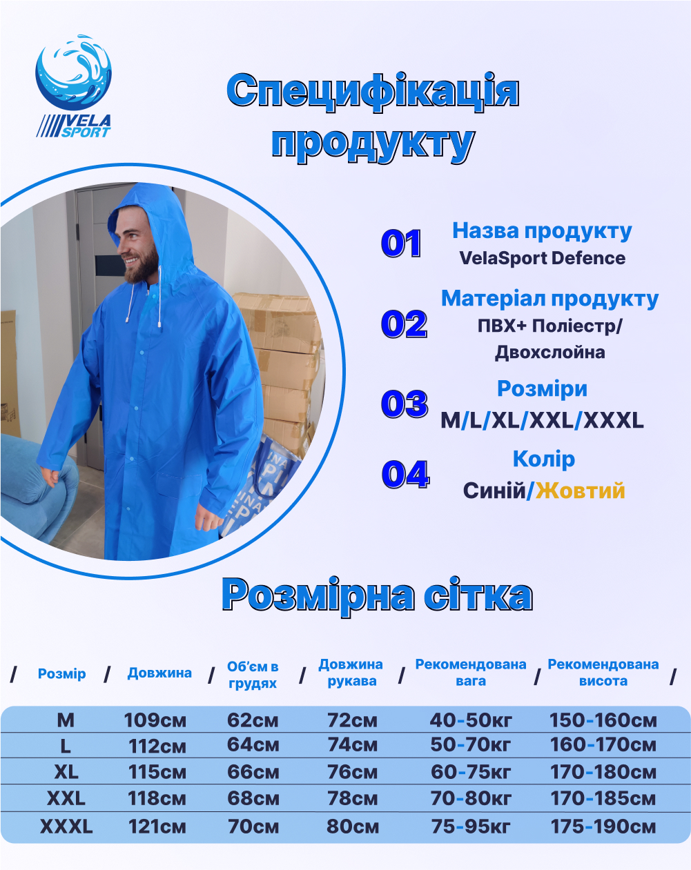 Дощівник Розмір XXL Унісекс VelaSport Defence Жіночий і чоловічий водонепроникний Двослойний плащ Блакитний, фото №4