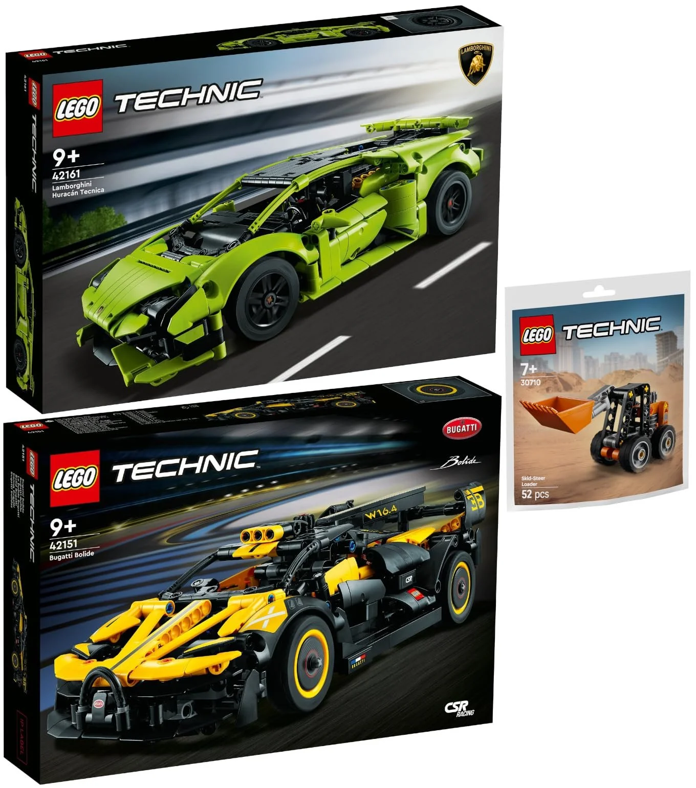 Набор Lego Technic: 42161 Lamborghini HuracTecnica, 42151 Bugatti Bolide & 30710 Skid Steer Loader, фото №1