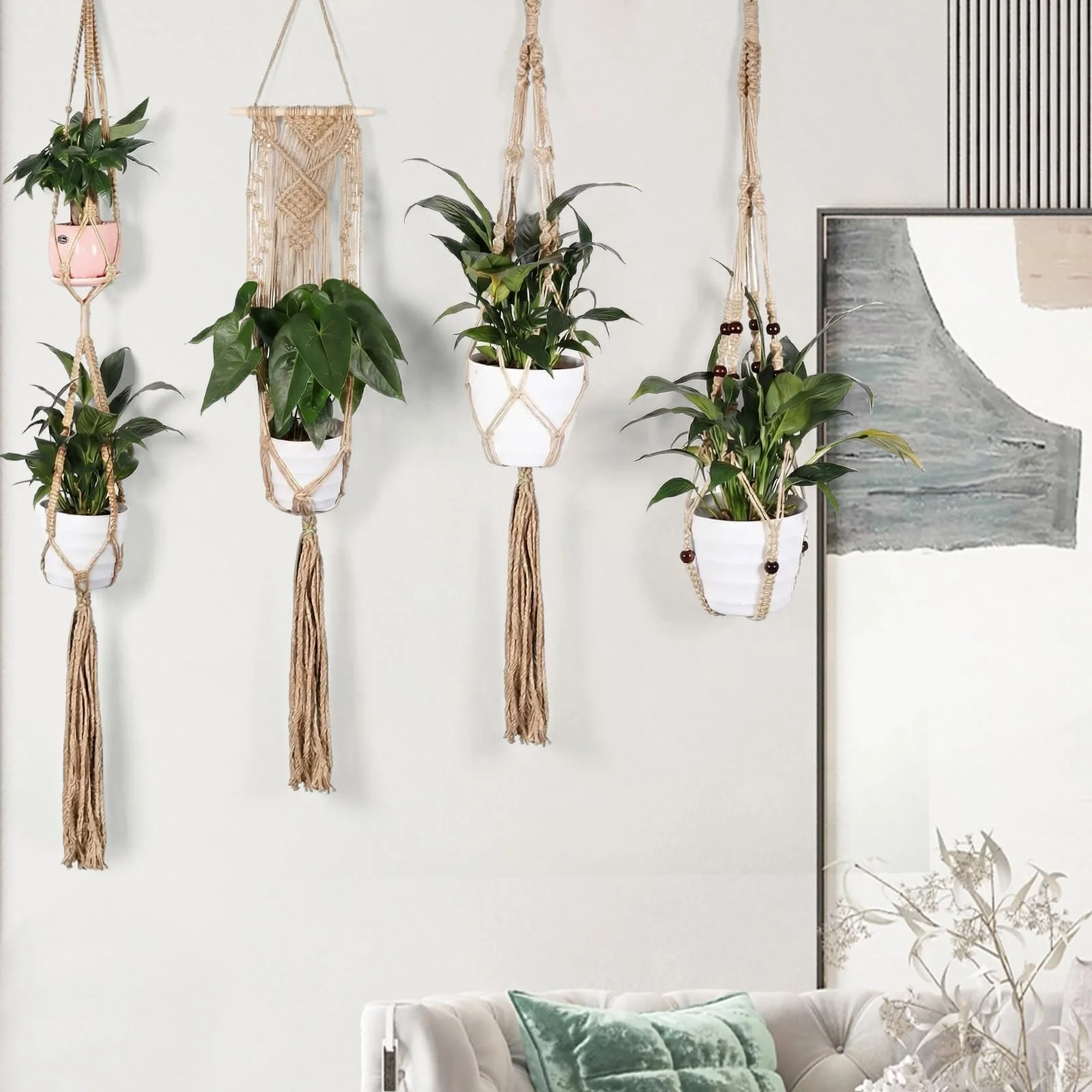 Підвісні кошики макраме Набір із 4 штук Бавовняна мотузка з гачками Коричневий, фото №9