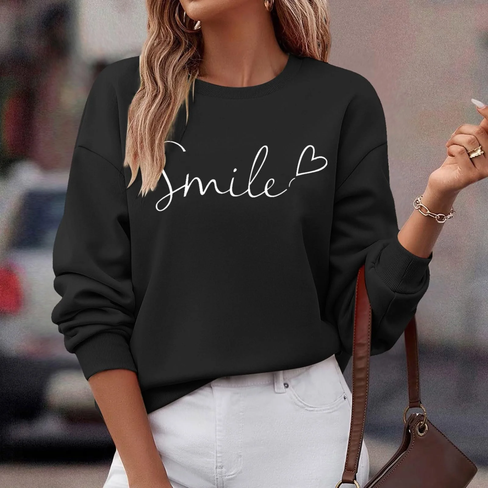 Женская толстовка Smile Cute с буквами, модная, с круглым вырезом, графика, повседневная, для тренировок, худи, трендовая, женская, осенняя, свободного кроя, смешная, мультяшная, удобная цветная толстовка, фото №5