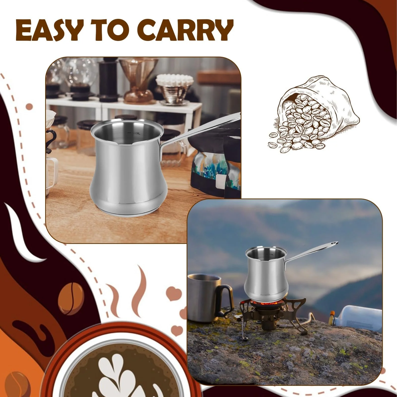 Турка 500 мл, Турка для арабської кави, Індукційна турка з нержавіючої сталі 18/10, фото №4