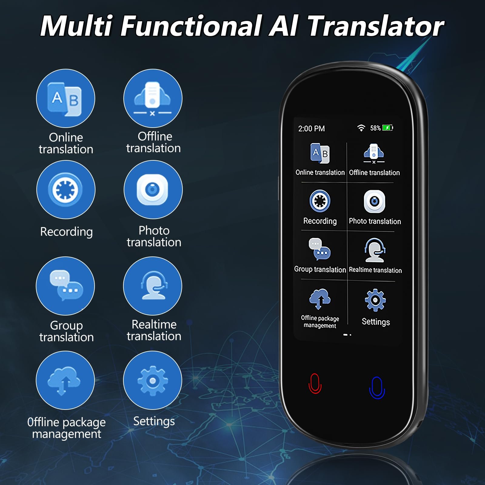 Інтелектуальний голосовий перекладач Z2 138 мов, 3-дюймовий HD сенсорний екран Акумулятор 1500 mAh WiFi, фото №2