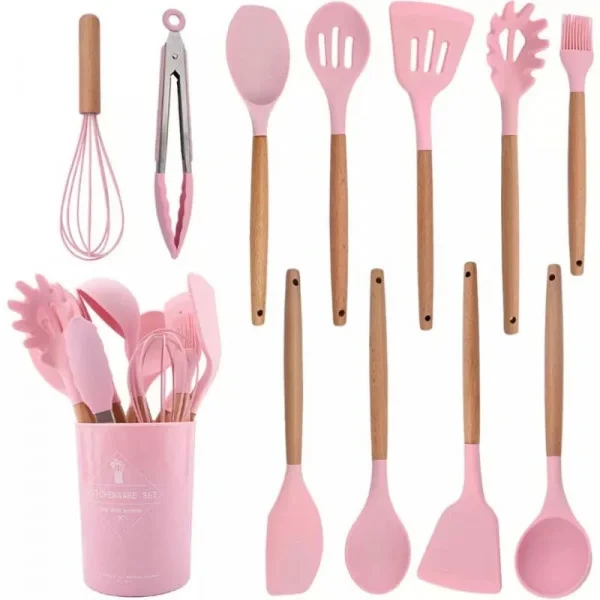 Набор кухонных принадлежностей силикон 12 предметов Kitchen Set Кухонный в стакане RD-1204 Розовый, фото №1