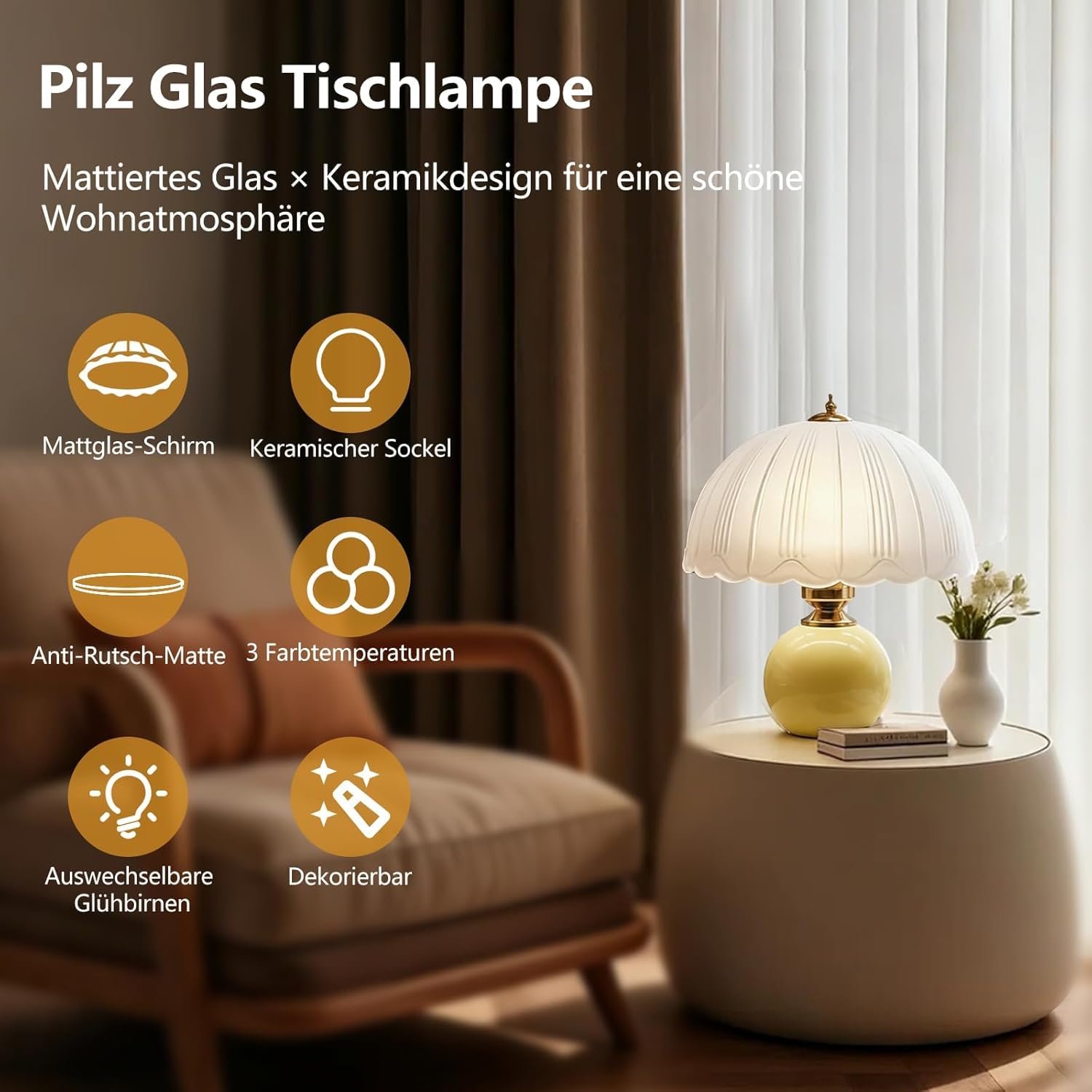 Настільна лампа LED Гриб Керамічна 3 колірні температури 3000 K/4500 K/6000 K Білий, фото №2