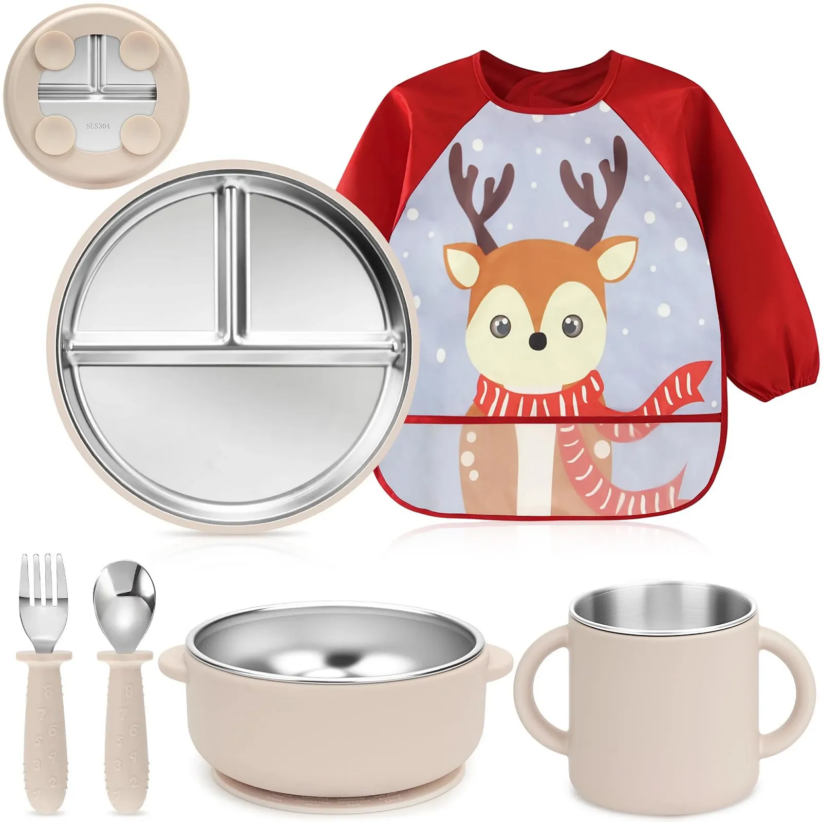 Набір дитячого посуду MOJINL з нержавіючої сталі з присоскою, 6 предметів: дитяча тарілка, чашка, дитячий слинявчик з рукавами, ложка, виделка, миска, без BPA, фото №1