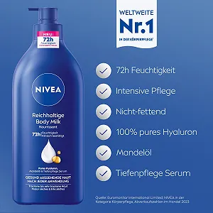 Молочко для тела NIVEA Rich, интенсивно питательный крем для тела с чистой гиалуроновой кислотой, миндальным маслом и сывороткой Deep Care, 625 мл synthetic.ua - Фото 1