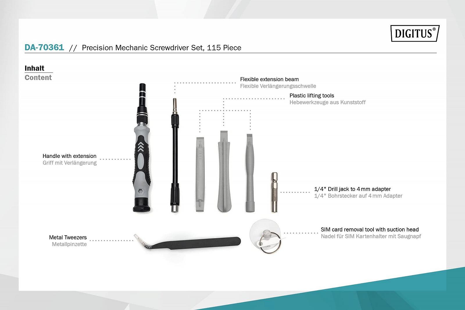 Набір викруток DIGITUS Precision 115 штук для мобільних телефонів, ноутбуків, ПК, годинників, окулярів, консолей, фото №3