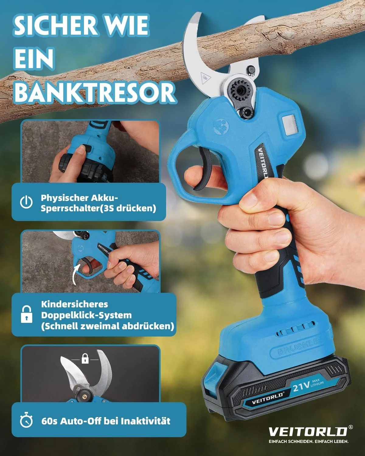 Секатори акумуляторні Veitorld, з безщітковим мотором 40 мм, 2 x 2000 mAh, фото №5