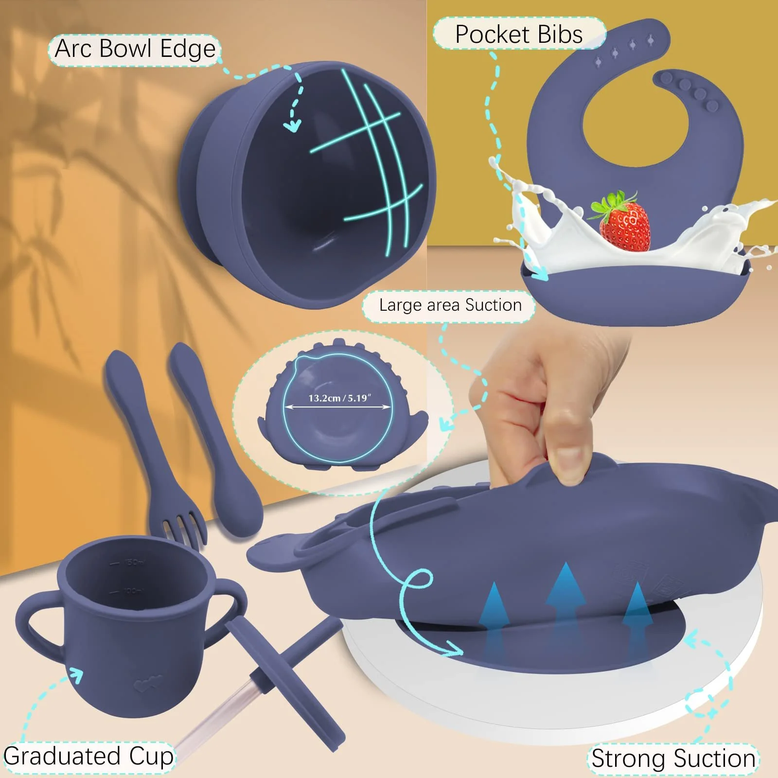 Набір дитячого посуду Delven із присоскою, силіконовий без BPA, 8 предметів, дитяча тарілка з дитячою тарілкою, нагрудником, чашкою для пиття, мискою, дитячою ложкою, виделкою, дитячим столовим приладдям, фото №2 Набір дитячого посуду Delven із присоскою, силіконовий без BPA, 8 предметів, дитяча тарілка з дитячою тарілкою, нагрудником, чашкою для пиття, мискою, дитячою ложкою, виделкою, дитячим столовим приладдям, фото №2