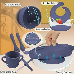 Набір дитячого посуду Delven із присоскою, силіконовий без BPA, 8 предметів, дитяча тарілка з дитячою тарілкою, нагрудником, чашкою для пиття, мискою, дитячою ложкою, виделкою, дитячим столовим приладдям synthetic.ua - Фото 1