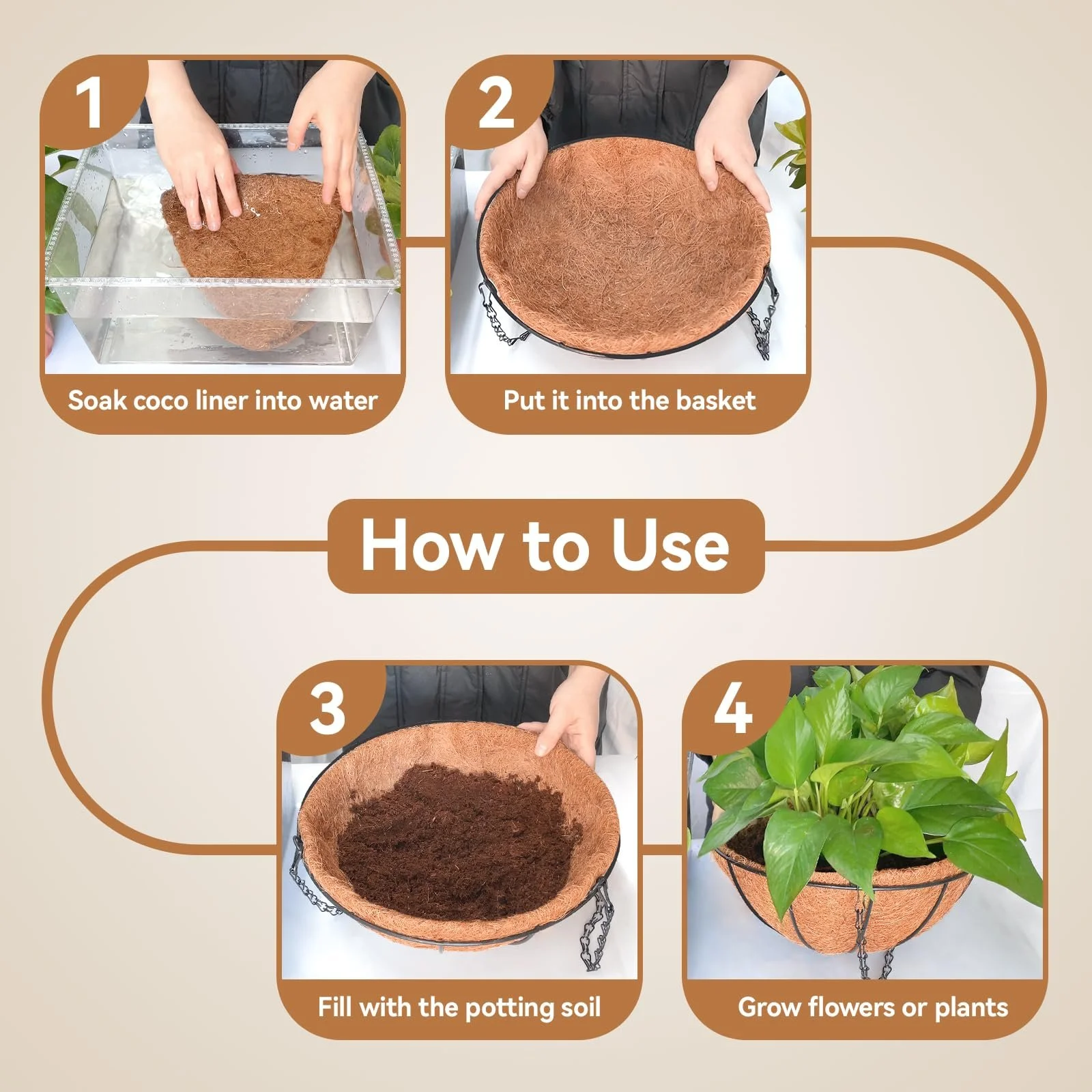 Вкладиші з кокосового волокна Halatool для підвісних кошиків, 3 шт., 35 см, круглі, фото №5 Вкладиші з кокосового волокна Halatool для підвісних кошиків, 3 шт., 35 см, круглі, фото №5